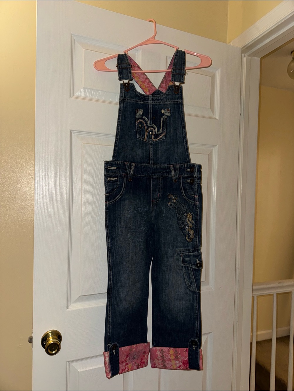 Girls Dark Blue Denim Overalls with Pink Floral Cuffs